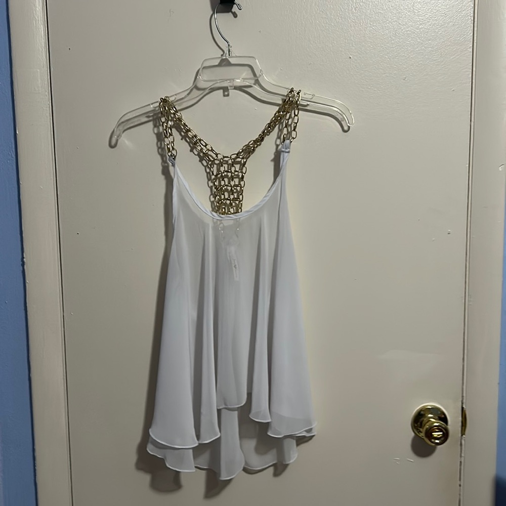 Jay Jane Sheer S White and Gold Chain Sleeveless Blouse